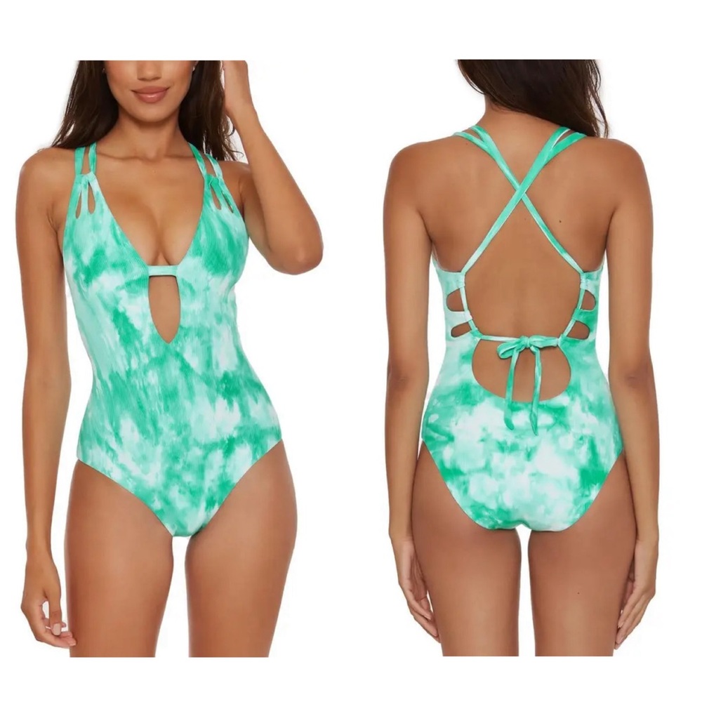 BECCA *Salsa* green white tie dye strappy one piece maillot swimsuit S